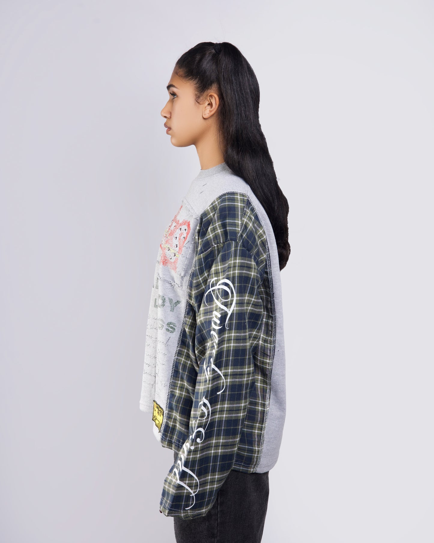 Thermal Waffle & Flannel Distressed Panel Shirt